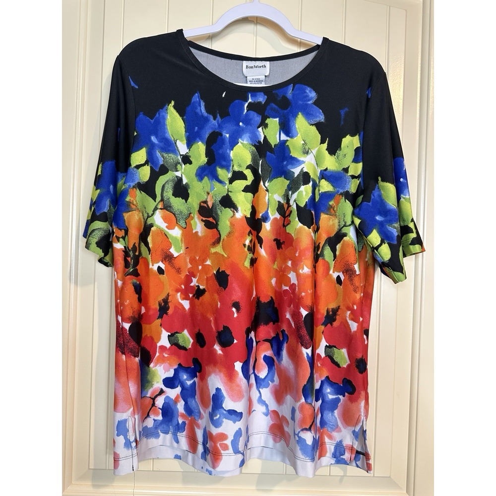 Bon Worth short sleeve bright print abstract floral print top blouse shirt Sz M